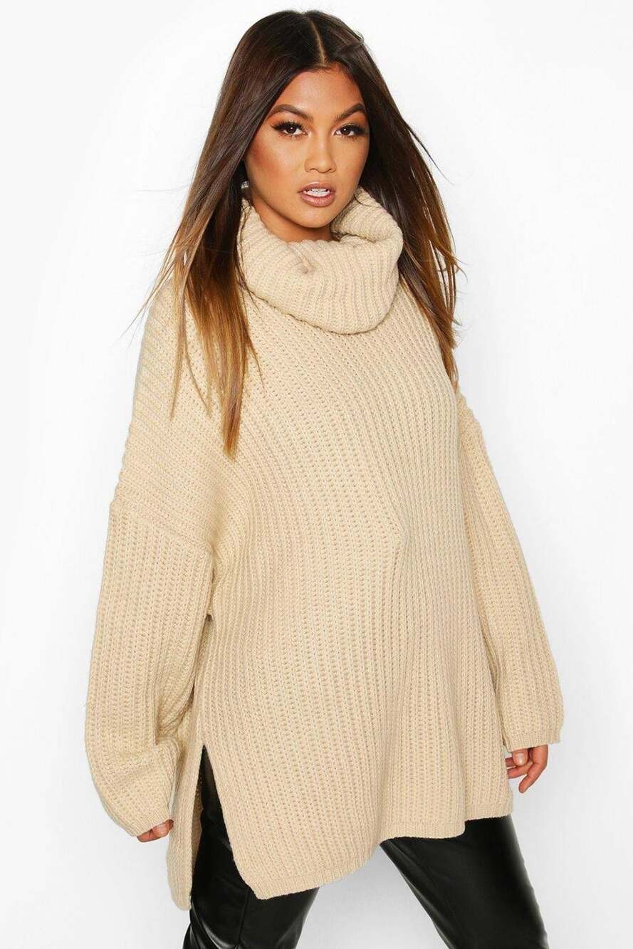 PrettyLittleThing Oversized Sweater Sz XL, Stone, Tan, Boohoo Boyfriend Jumper